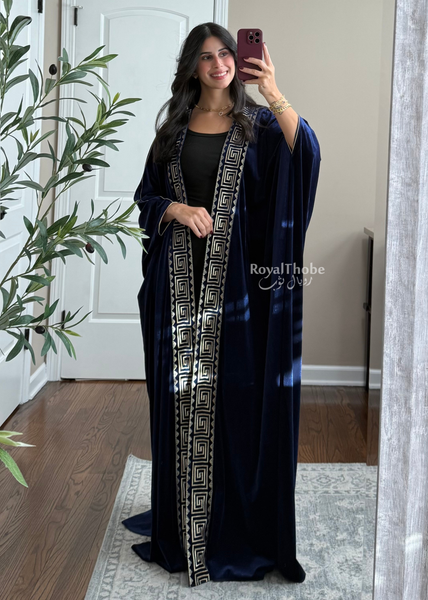 Navy Blue Velvet Kasab Gold Squares Bisht  -Free Size