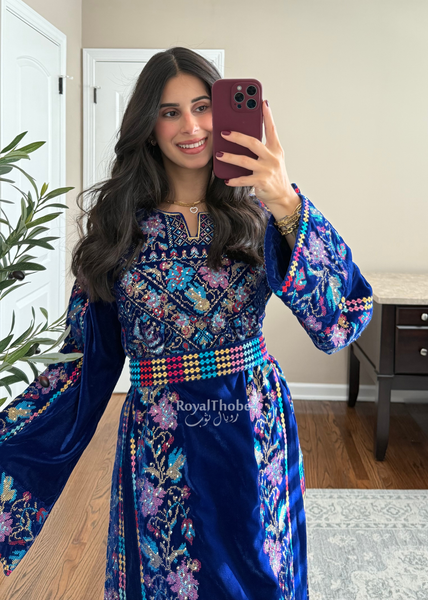Velvet Royal Blue Floral Long Fully Embroidered Thobe