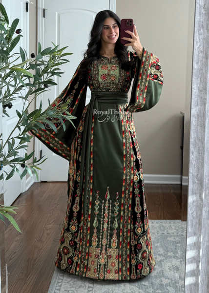 Olive Green Satin & Black Velvet Maleka Fully Embroidered Thobe