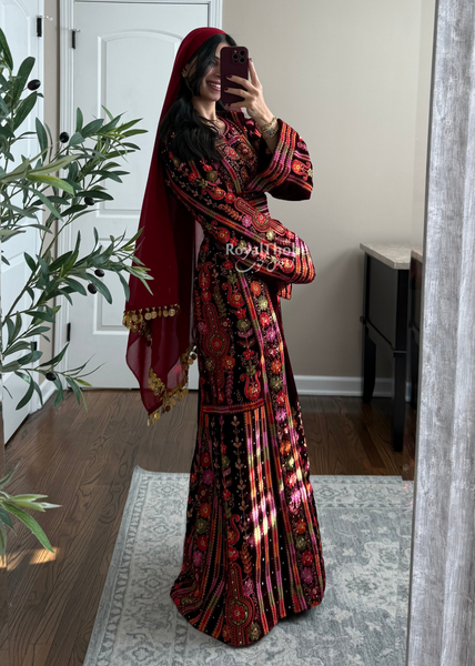 Velvet Burgundy Maleka Floral Long Fully Embroidered Thobe