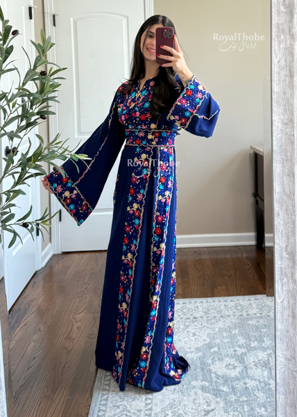 Royal Blue Elegant Floral Full Embroidered Thobe
