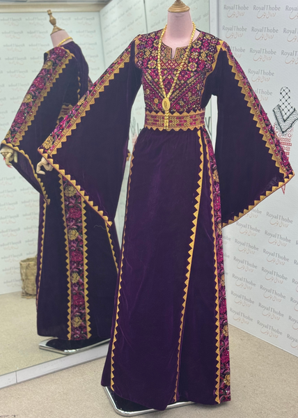 Velvet Dark Burgundy/ Purple Simple Floral Long Embroidered Thobe/Dress