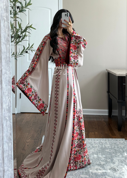 Bridal Beige/Burgundy Warda Full Embroidered Thobe