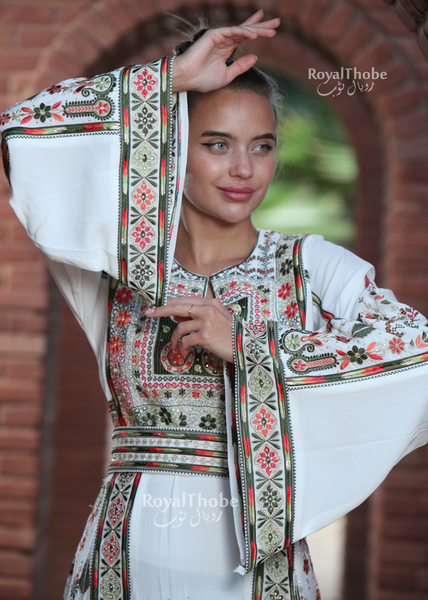 New White/Green Flower Maleka Long Full Embroidered Thobe