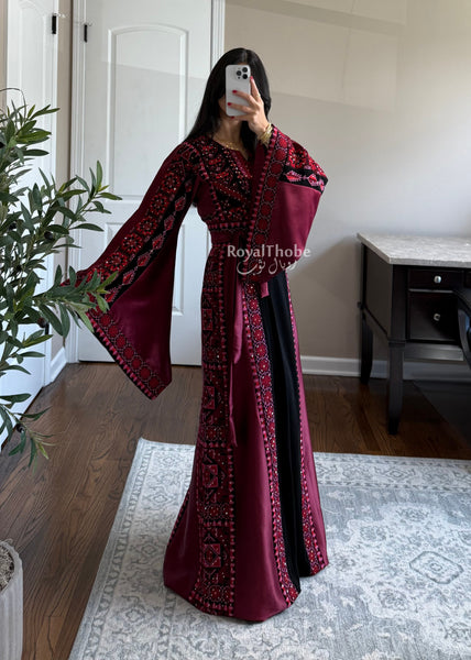 Black/Burgundy Long Full Embroidered Thobe