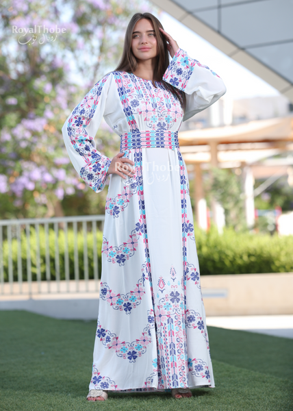 White/Blue Simple Flower Long Full Embroidered Thobe