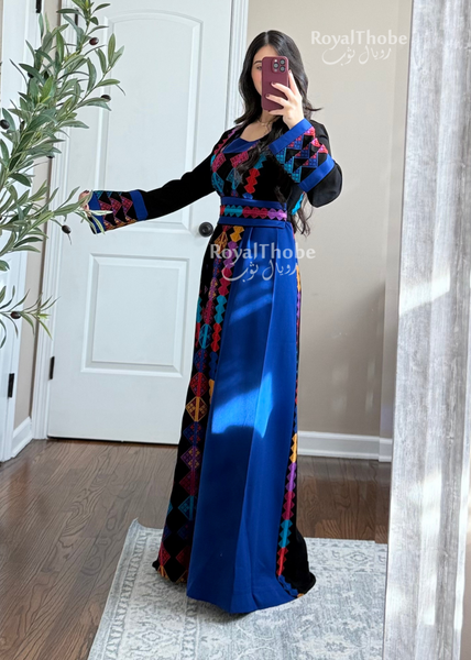 Black/Royal Blue Colorful Square Neck Long Full Embroidered Thobe