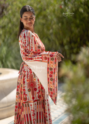 White/Red Flare Flower Maleka Long Full Embroidered Thobe