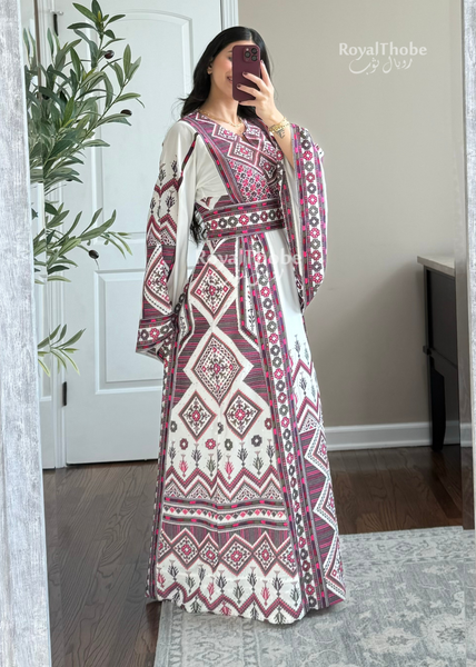 White/Purple Dimond Long Full Embroidered Thobe