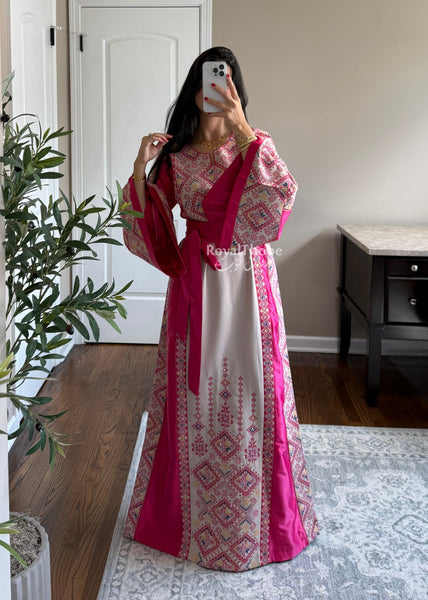 Beige/Pink Diamond Long Full Embroidered Thobe