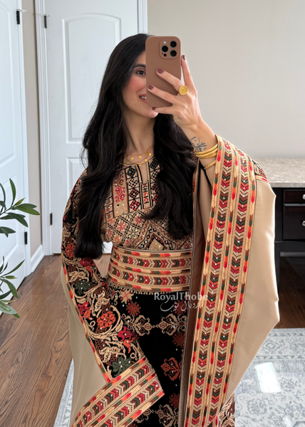 Black/ Brown Zohor And Manajel Full Embroidered Thobe