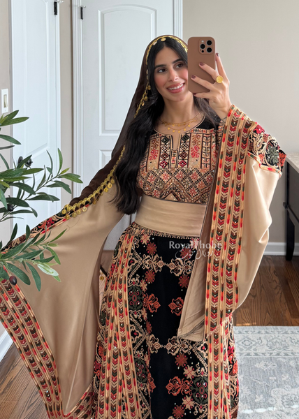 Black/ Brown Zohor And Manajel Full Embroidered Thobe
