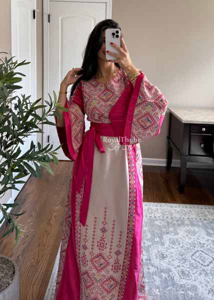 Beige/Pink Diamond Long Full Embroidered Thobe