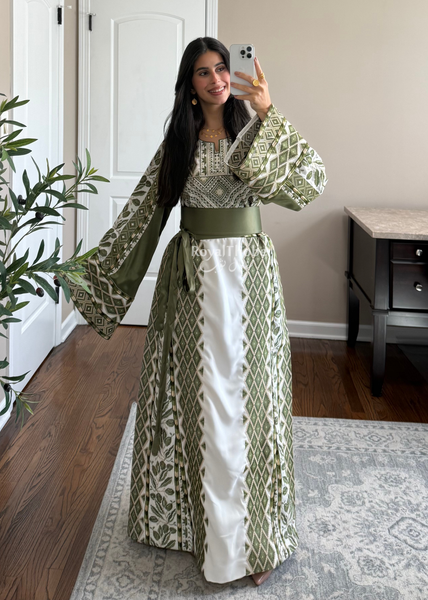 White/ Olive Green Zaytona Full Embroidered Thobe