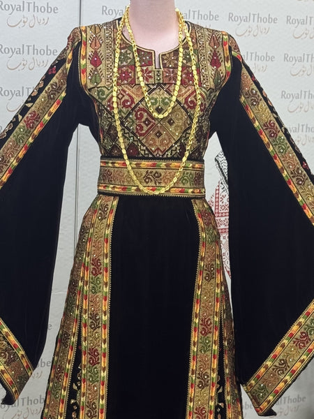 Velvet Brown/Gold Maleka Long Full Embroidered Thobe