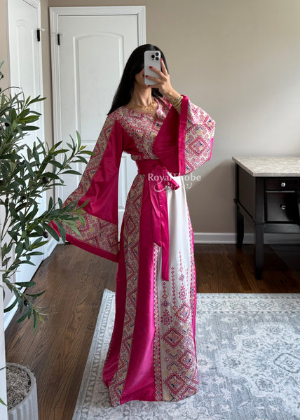 Beige/Pink Diamond Long Full Embroidered Thobe