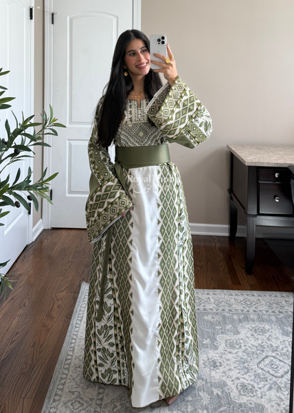 White/ Olive Green Zaytona Full Embroidered Thobe