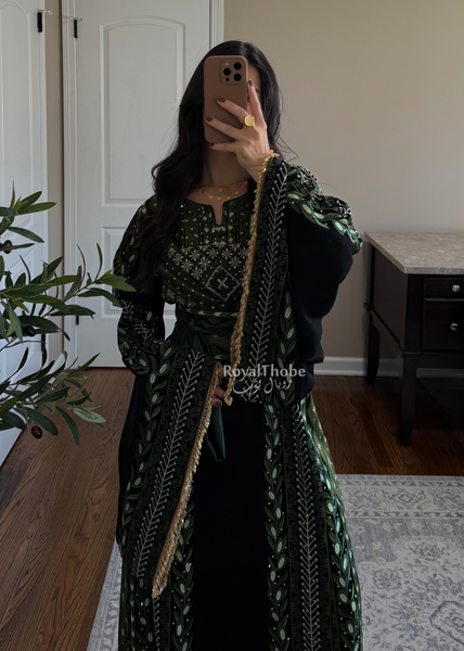 Black/ Olive Green Zaytona Branches Full Embroidered Thobe