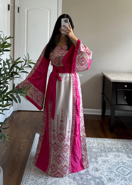 Beige/Pink Diamond Long Full Embroidered Thobe