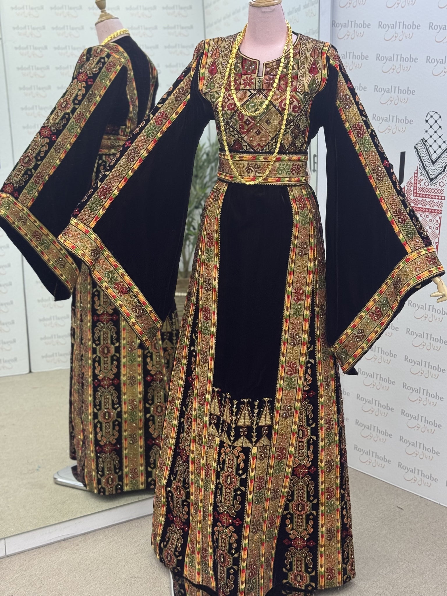 Velvet Brown/Gold Maleka Long Full Embroidered Thobe