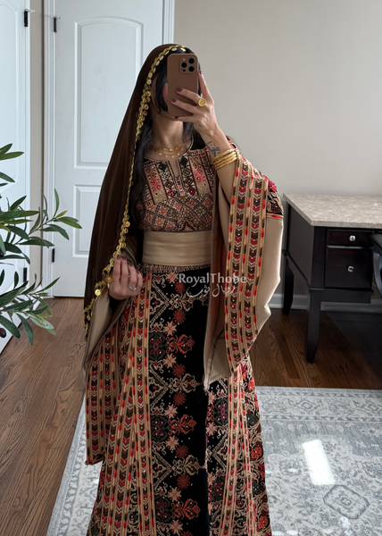 Black/ Brown Zohor And Manajel Full Embroidered Thobe
