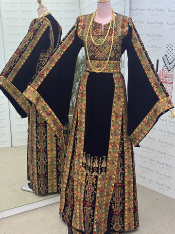 Velvet Brown/Gold Maleka Long Full Embroidered Thobe