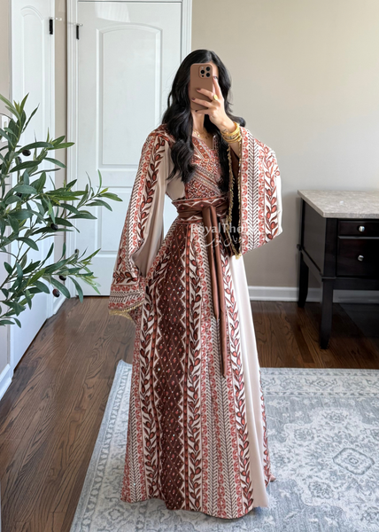 Beige/ Brown Zaytona Branches Full Embroidered Thobe