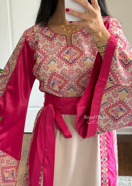 Beige/Pink Diamond Long Full Embroidered Thobe