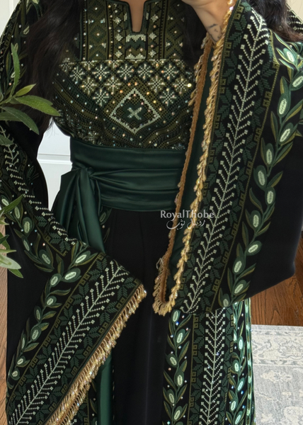 Black/ Olive Green Zaytona Branches Full Embroidered Thobe