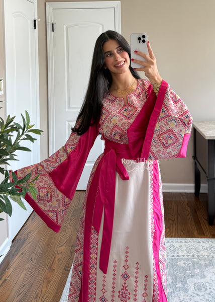 Beige/Pink Diamond Long Full Embroidered Thobe