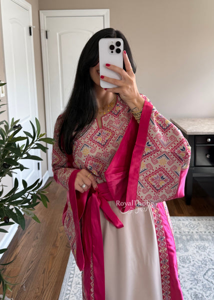 Beige/Pink Diamond Long Full Embroidered Thobe