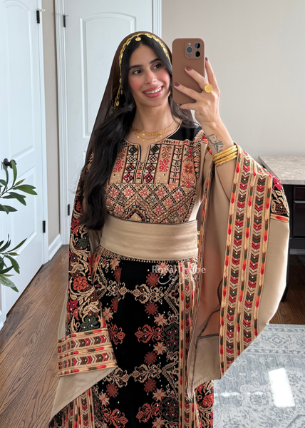 Black/ Brown Zohor And Manajel Full Embroidered Thobe