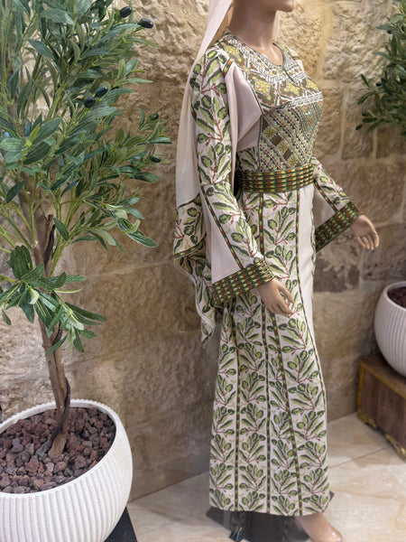 Beige/ Green & Brown Olive Branches Long Full Embroidered Thobe.