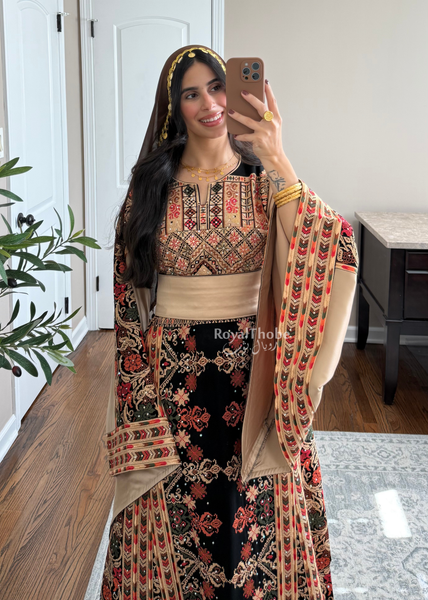 Black/ Brown Zohor And Manajel Full Embroidered Thobe