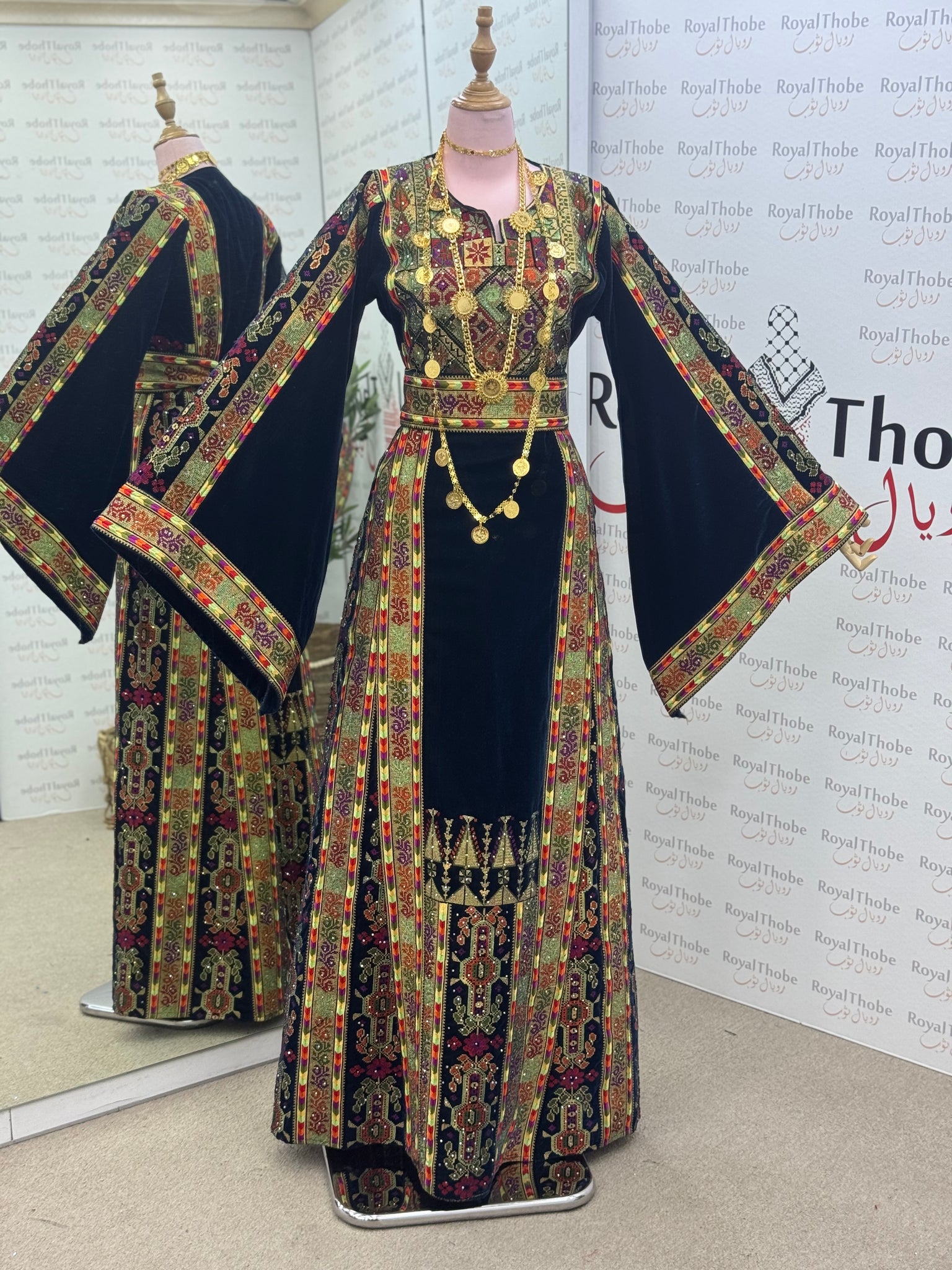 Velvet Olive Green Maleka Long Full Embroidered Thobe