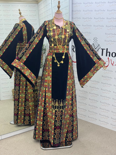 Velvet Olive Green Maleka Long Full Embroidered Thobe