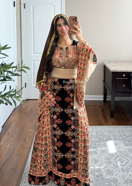 Black/ Brown Zohor And Manajel Full Embroidered Thobe