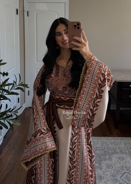 Beige/ Brown Zaytona Branches Full Embroidered Thobe