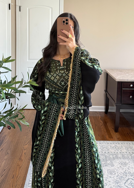 Black/ Olive Green Zaytona Branches Full Embroidered Thobe