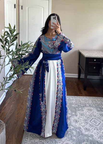 White/ Blue Satin Classic Full Embroidered Thobe