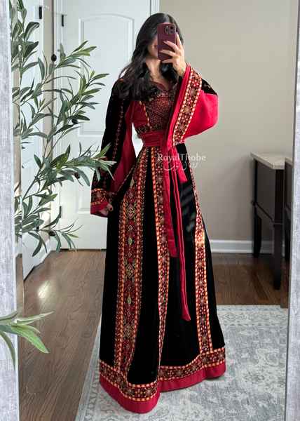 Velvet Black/Burgundy Simple Long Fully embroidered Thobe