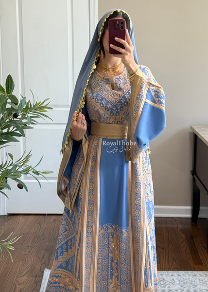 Blue /Gold Flower Malekah Full Embroidered Thobe