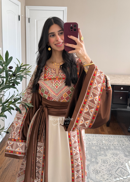 Beige/Brown Triangle Full Embroidered Thobe