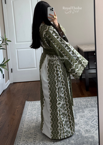 White/ Olive Green Zaytona Full Embroidered Thobe