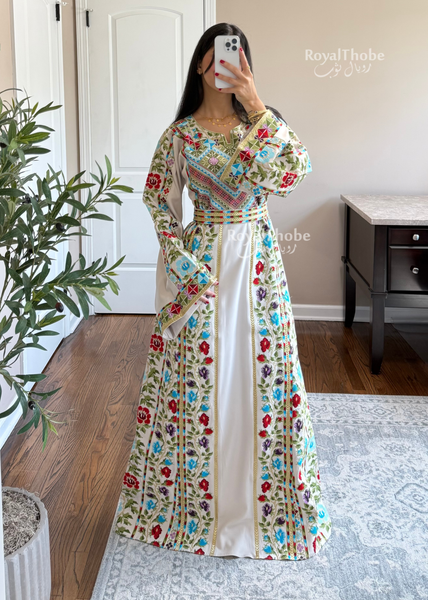 Beige/Cream Colorful Wardeh Kasab Long Full Embroidered Thobe