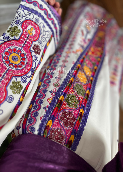 White/Purple Malak Kasab Full Embroidered Thobe