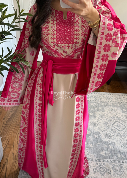 Beige/Pink Floral Long Full Embroidered Thobe