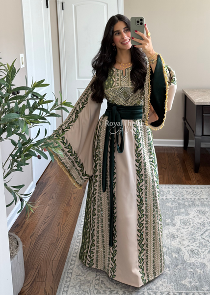 Beige/ Olive Green Zaytona Branches Full Embroidered Thobe With Fringe Sleeves