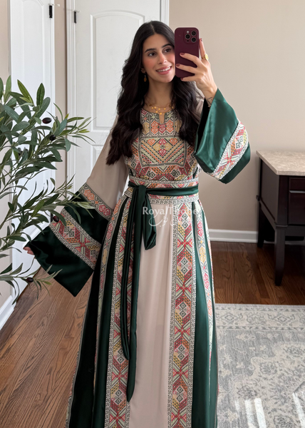 Beige/Olive Green Simple Full Embroidered Thobe