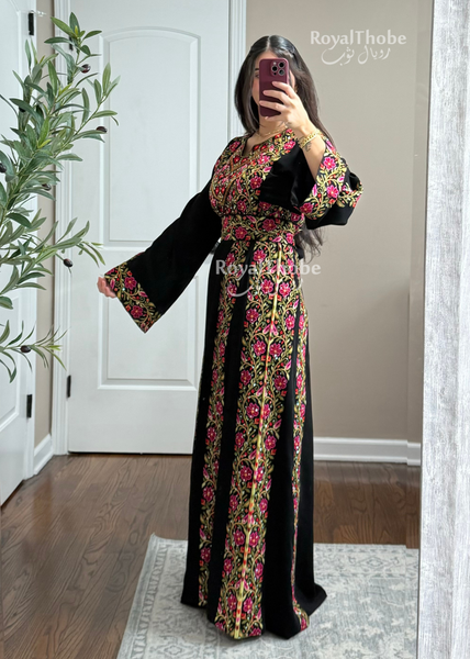 Black/Olive Green Elegant Floral Full Embroidered Thobe